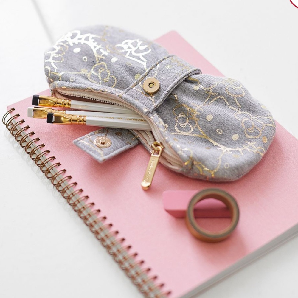 Pottery Barn Sanrio Hello Kitty Bow Gray Gold Metallic Pencil Pouch Case